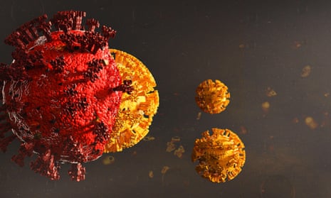 Artist's impression of a coronavirus mutating , with red and yellow viruses floating among fragments of viral material