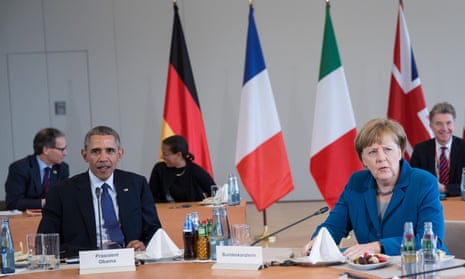 Barack Obama and Angela Merkel at a meeting of the G5 at Herrenhausen palace, Hanover, Germany.
