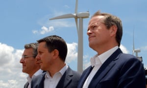 Opposition leader Bill Shorten, shadow environment minister Mark Butler (centre) and shadow attorney general Mark Dreyfus during a visit to the Woodlawn wind farm near Canberra.