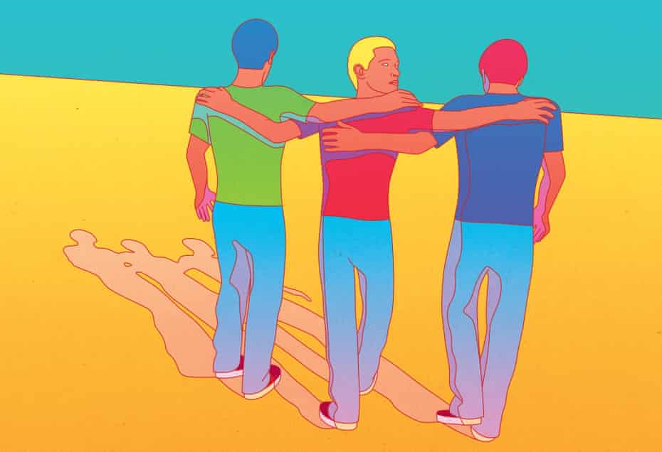 Colourful illustration of three men with arms round each other