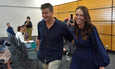 Jacinda Ardern with her partner Clarke Gayford following the announcement on Thursday.