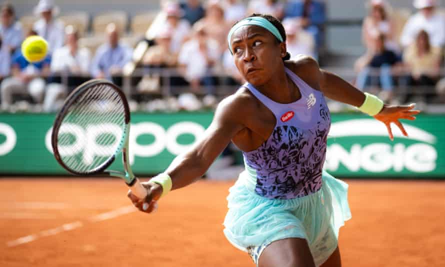 Coco Gauff plays a backhand en route to a 6-3, 6-1 win against Martina Trevisan in their semi-final