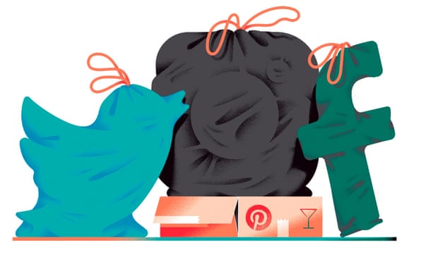 Illustration of Twitter, Facebook, Instagram and Pinterest logos in tie sacks