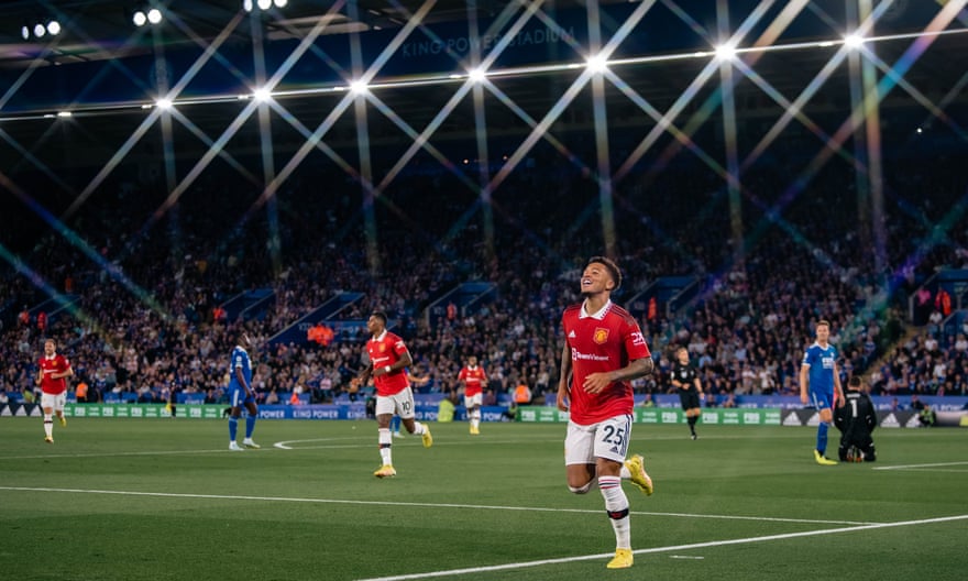Jadon Sancho shows his joy after scoring.