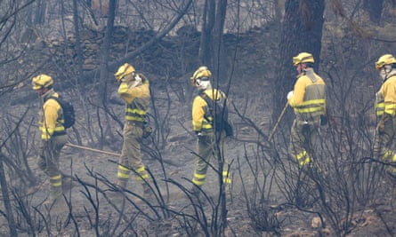 Firefighters work to extinguish a forest fire in Monsagro, Salamanca on 13 July.