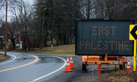 An electronic street sign displaying public information in East Palestine, Ohio, after a train derailment.