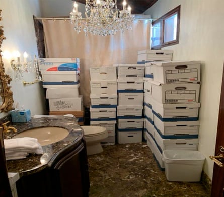 Boxes of records stored in a bathroom and shower in the Lake Room at Trump’s Mar-a-Lago estate in Palm Beach, Florida.