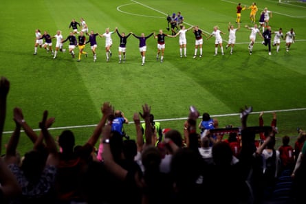 England players celebrate following their side’s victory over Norway in the quarter final at Stade Oceane.