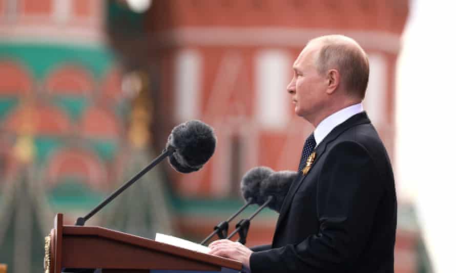 Russian President President Vladimir Putin speaks at a military parade on Victory Day in Red Square in Moscow on Monday.