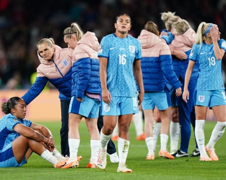 The England women’s football manager Sarina Wiegman players including Lauren James, Jess Carter and Chloe Kelly after their 2023 Women’s World Cup final loss to Spain
