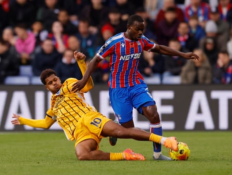 Crystal Palace's Tyrick Mitchell in action with Brighton & Hove Albion's Georginio Rutter in Crystal Palace vv Brighton match on November 9, 2025.