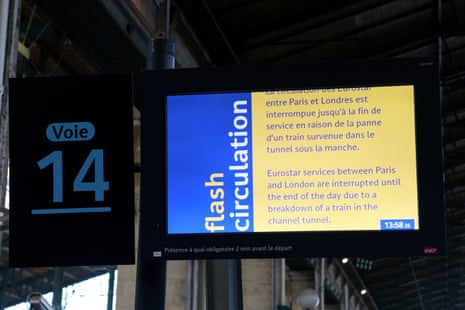 A screen informs passengers of the interruption of Eurostar services at Gare du Nord station today