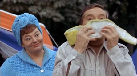 A still from Carry On Camping in which Barbara Windsor’s bikini top is catapulted on to Kenneth Williams’ face. Hattie Jacques smiles in the background