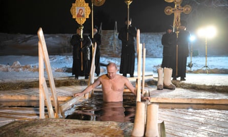 Russian President Vladimir Putin in the freezing waters of Lake Seliger