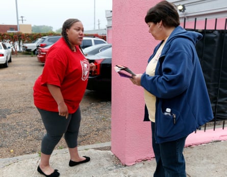 Laurie Bertram Roberts confronts an anti-abortion activist at the Jackson Women’s Health Organization clinic in 2013.