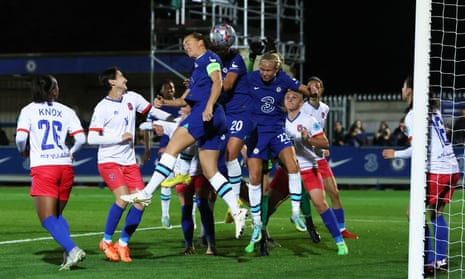 Chelsea's Magdalena Eriksson and Sam Kerr go up for a header and the ball ends up in the net for the home side’s fourth goal of the game.