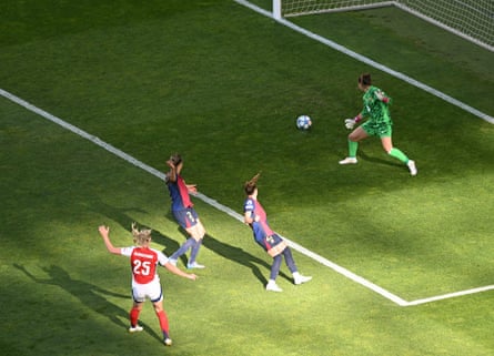 Stina Blackstenius watches her shot go past Barcelona’s Cata Coll for what proved the only goal of the Women’s Champions League final.