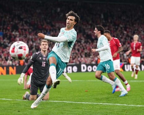 João Félix kicks the ball away after it rebounds from the net after he seals PortugalâÂÂs 4-2 victory over Denmark in the 87th minute