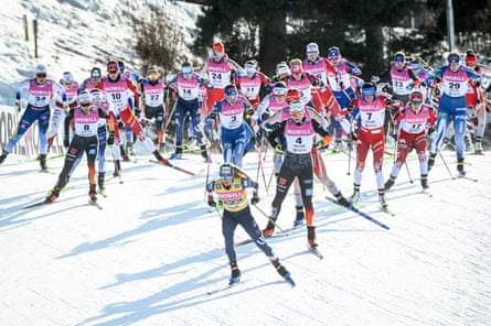 Jessie Diggins leads a pack during the women’s 20km mass start free at the World Cup event in February at Falun, Sweden.