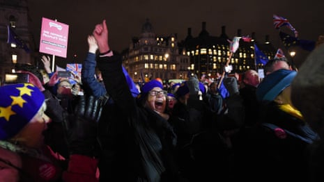 Parliament Square cheers as Theresa May suffers Brexit deal defeat – video 