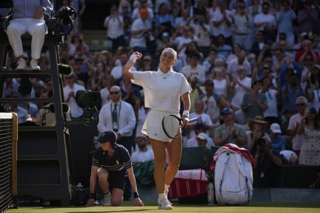 Karolina Muchova of Czech Republic celebrates her victory against Naomi Osaka of Japan in their quarter-final women's singles match at the Wimbledon Tennis Championships in London, Tuesday, July 7, 2026.