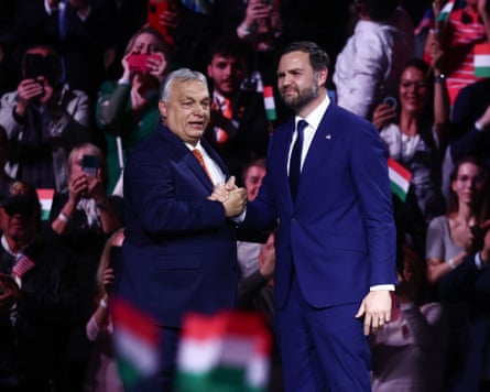 The former Hungarian prime minister, Viktor Orbán and American vice-president, JD Vance, at a pre-election rally.