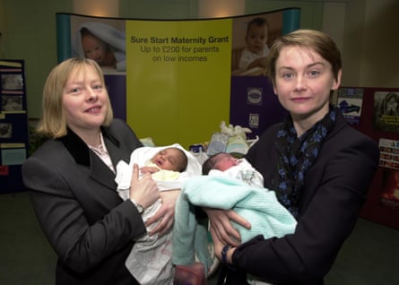 Yvette Cooper, right, in 2000, while public health minister, with the social security minister Angela Eagle, both holding babes
