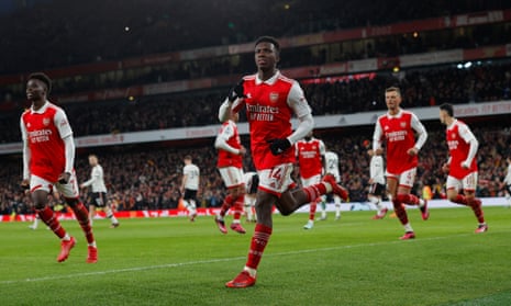 Eddie Nketiah celebrates scoring Arsenal’s opener against Manchester United. The Gunners look to have all the ingredients of a title-winning team.