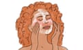 A cartoon of a woman with red curly hair rubbing a scrub into her skin.