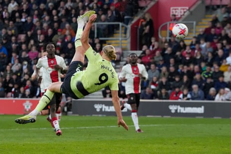 Manchester City’s Erling Haaland scores a bicycle kick, his side’s third goal, against Southampton at St Mary’s Stadium