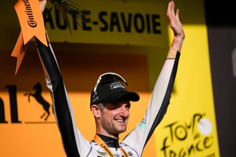 Netherlands' Wout Poels celebrates on the podium after the fifteenth stage of the Tour de France.