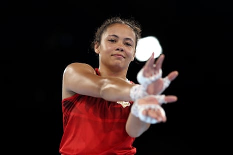 Lucy Kings-Wheatley of England celebrates victory over Josefien Betist of Sierra Leone in their women's 60kg quarter-final bout.