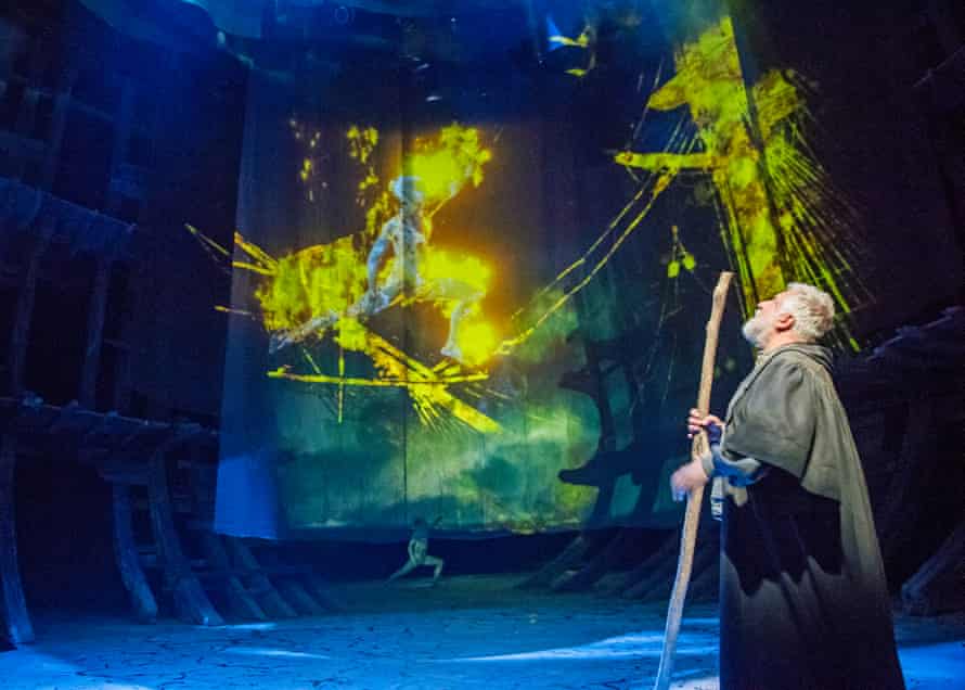 Mark Quartley (Ariel) and Simon Russell Beale (Prospero) in The Tempest.