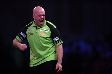Michael van Gerwen of Netherlands reacts during the final.