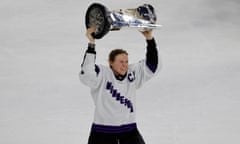 Minnesota captain Kendall Coyne Schofield celebrates with the trophy after beating Boston in Game 5 of the PWHL finals on Wednesday in Lowell, Massachusetts.