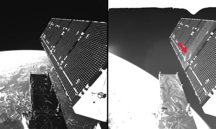 The picture shows Sentinel-1A’s solar array before and after the impact of a millimetre-size particle on the second panel. The damaged area has a diameter of about 40 cm, which is consistent on this structure with the impact of a fragment of less than 5 millimetres in size.