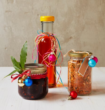 Thomasina Miers’ chilli gift set - chilli oil, chilli relish, chiltatis-style nutty sprinkles.