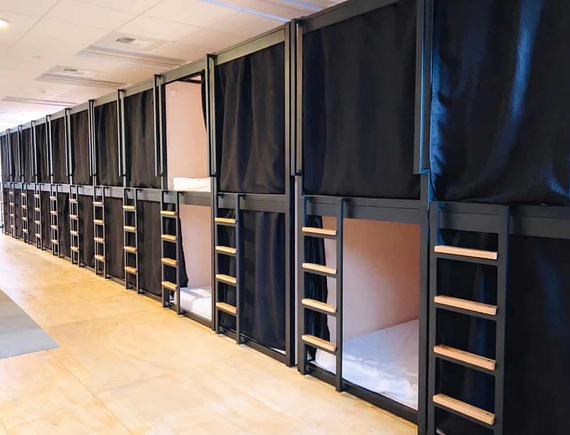 The bunk bed-style pods measure 3.5ft-by-4ft-by-6.5ft, large enough to fit a twin mattress.