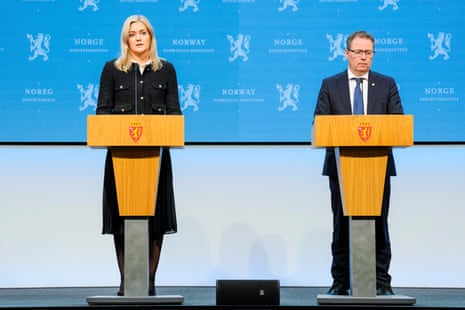 Norwegian justice minister Emilie Enger Mehl (L) and defence minister Bjorn Arild Gram at a news conference today at Marmorhallen on the country’s threat and risk assessments in Oslo.