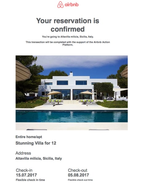 The bogus confirmation email received by the Airbnb scam victim.