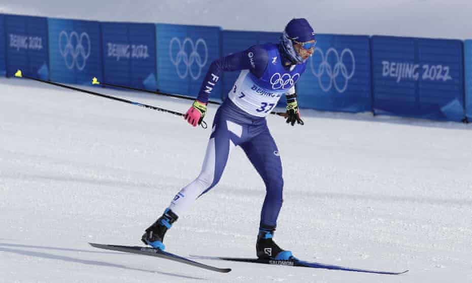Remi Lindholm in the 50km cross country event, in which a thin suit offered little protection in the cold.