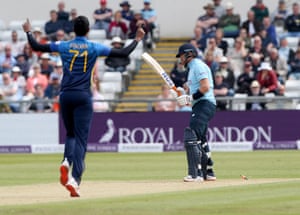 Jonny Bairstow of England is bowled out by Binura Fernando.