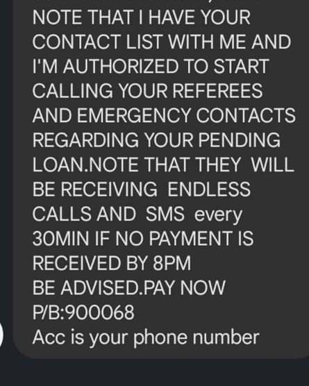 Screenshots of intimidating messages sent to a source from a loan company