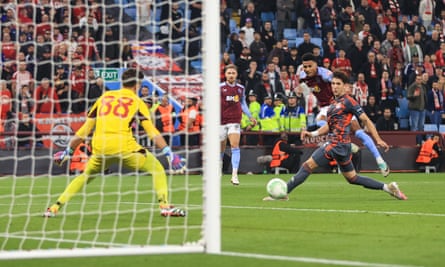Ollie Watkins pulls a goal back for Aston Villa.