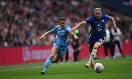 Manchester City’s Hayley Raso tussles with Chelsea’s Jonna Andersson