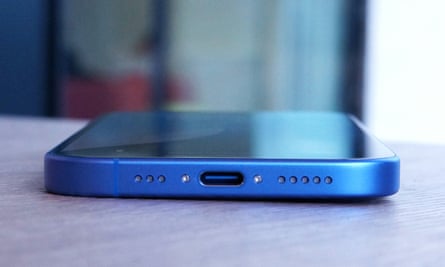The USB-C port of the iPhone 16.