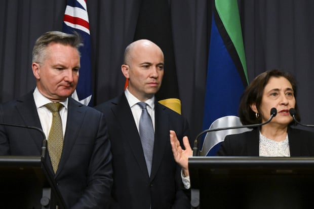 The Australian energy minister, Chris Bowen; the NSW energy minister, Matt Kean; and the Victorian energy minister, Lily D’Ambrosio.