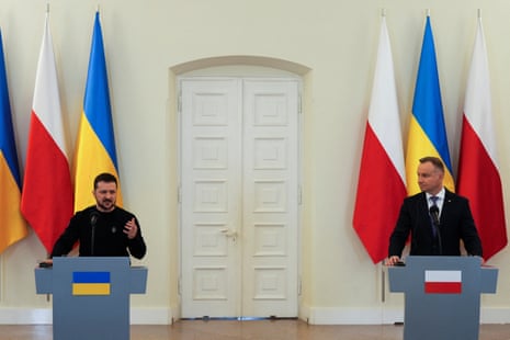 Ukrainian President Volodymyr Zelenskiy and Poland's President Andrzej Duda hold a news conference at the Presidential Palace in Warsaw, Poland.