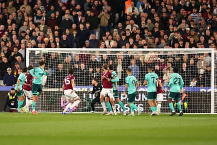 Konstantinos Mavropanos (No 15) heads West Ham into the lead.