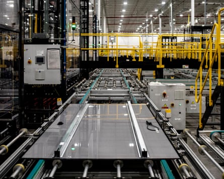 Solar panels advance toward final testing at a First Solar manufacturing facility in Perrysburg, Ohio, US.